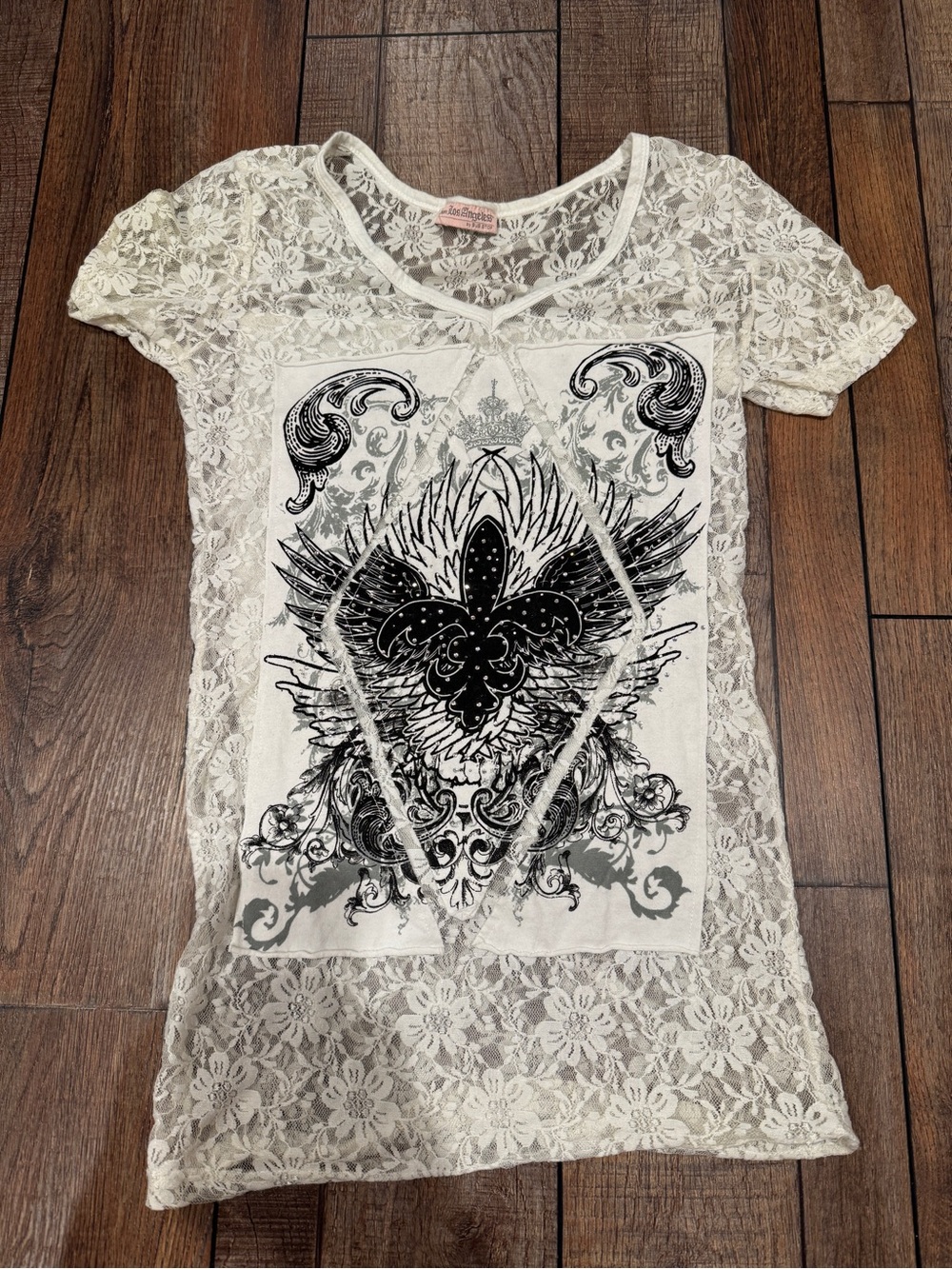 Lace Short-Sleeve top with black graphics and rhinestones